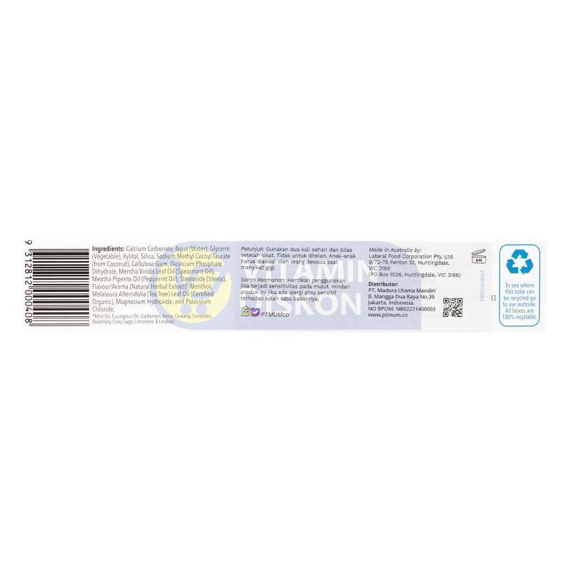 GRANTS OF AUSTRALIA FRESH MINT NATURAL TOOTHPASTE FLUORIDE FREE 110G