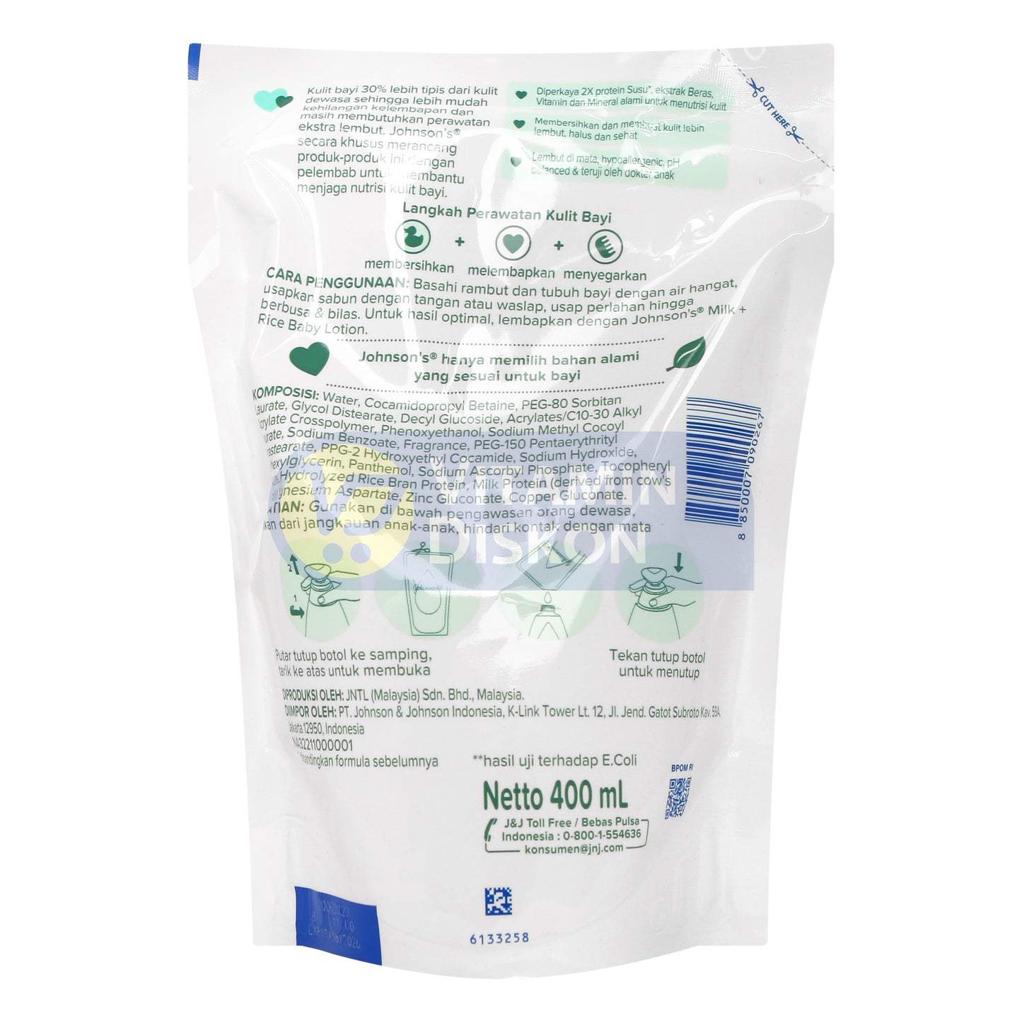 JOHNSONS MILK RICE HAIR AND BODY BABY BATH REFIL 400ML