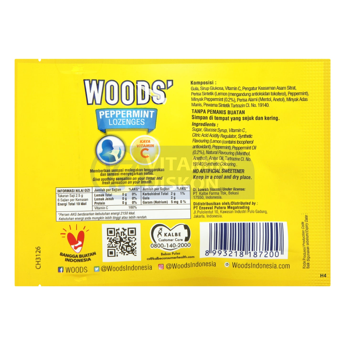 WOODS PEPPERMINT LOZENGES RASA LEMON ISI 6 PCS
