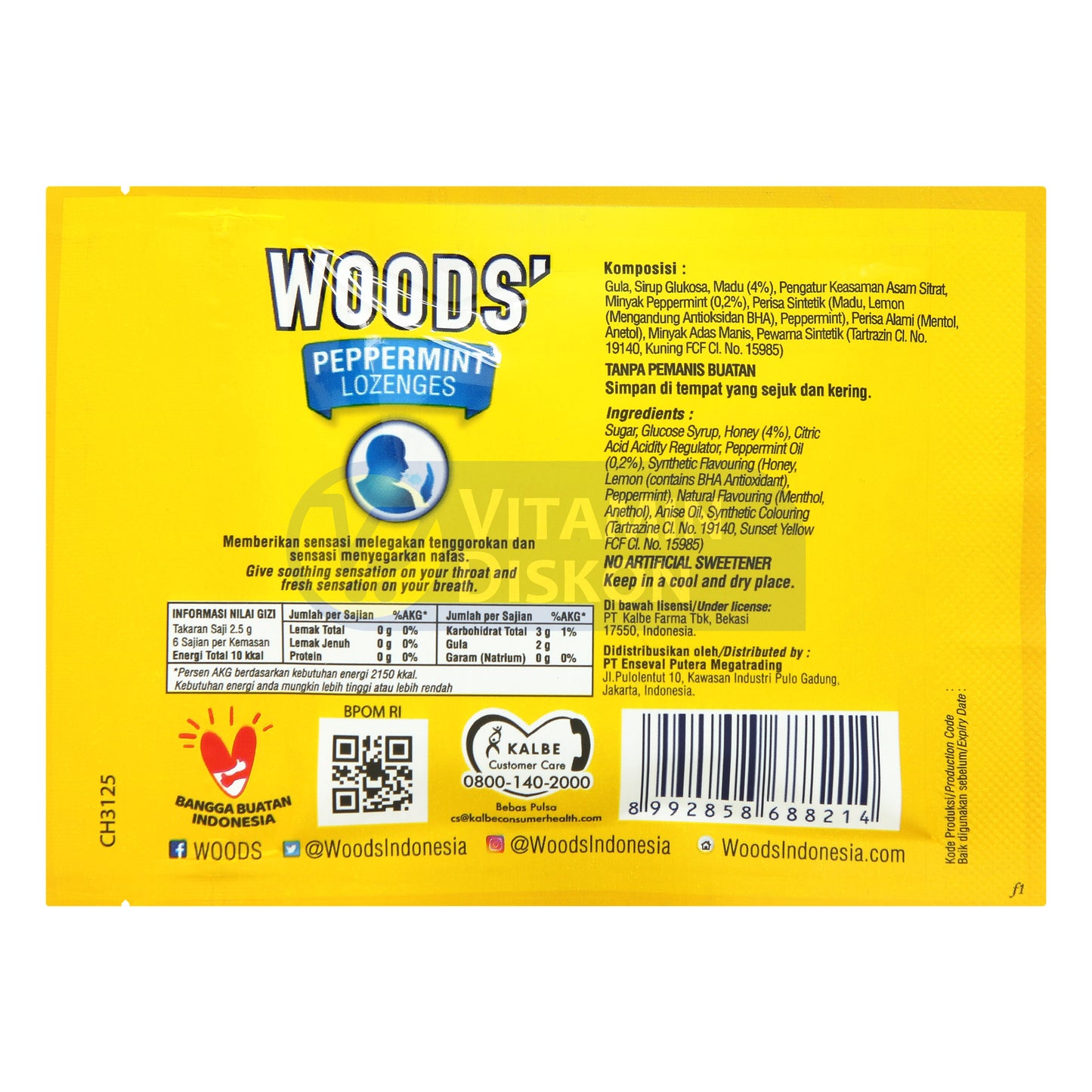 WOODS PEPPERMINT LOZENGES RASA MADU ISI 6 PCS