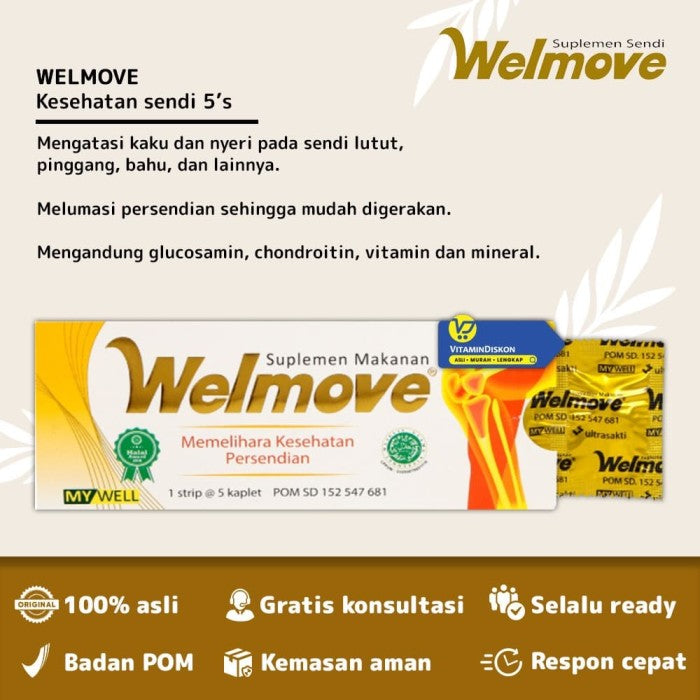 WELMOVE SUPLEMEN MAKANAN (MEMELIHARA KESEHATAN PERSENDIAN) 1 STRIP ISI 5 KAPLET