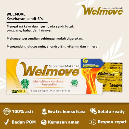 WELMOVE SUPLEMEN MAKANAN (MEMELIHARA KESEHATAN PERSENDIAN) 1 STRIP ISI 5 KAPLET