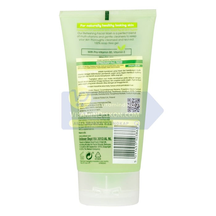 SIMPLE KIND TO SKIN REFRESHING FACIAL WASH GEL 100% SOAP FREE 150 ML