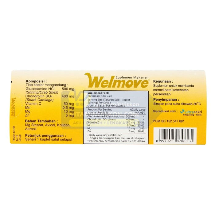 WELMOVE SUPLEMEN MAKANAN (MEMELIHARA KESEHATAN PERSENDIAN) 1 STRIP ISI 5 KAPLET