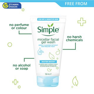 SIMPLE WATER BOOST (DRY OR SENSITIVE SKIN) MICELLAR FACIAL GEL WASH 150 ML