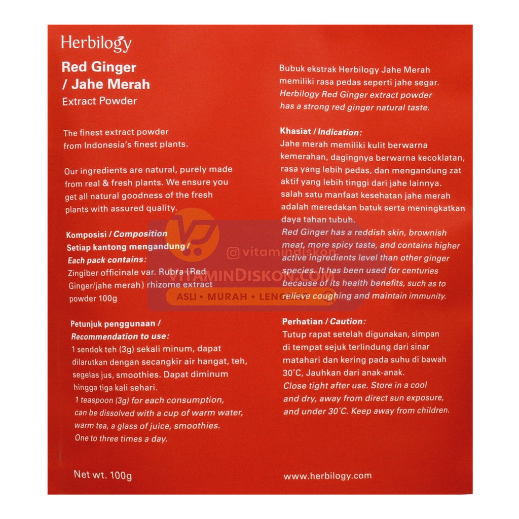 HERBILOGY RED GINGER EXTRACT POWDER 100GR BPOM UNTUK KEKEBALAN TUBUH