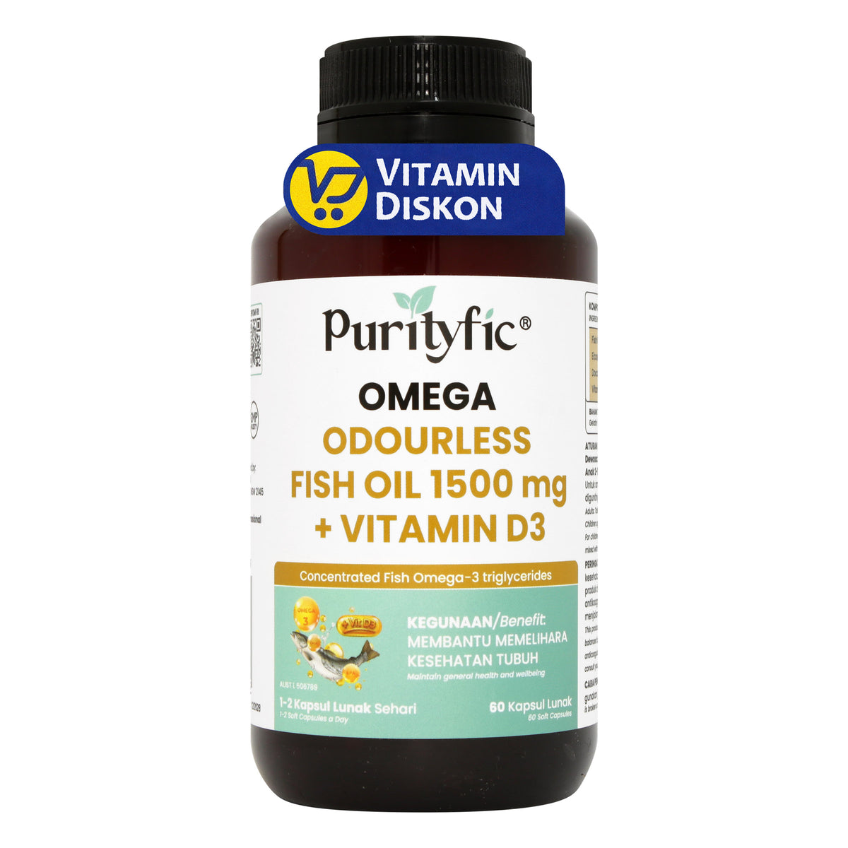 PURITYFIC OMEGA ODOURLESS FISH OIL 1500 MG + VITAMIN D3 60 TABLET