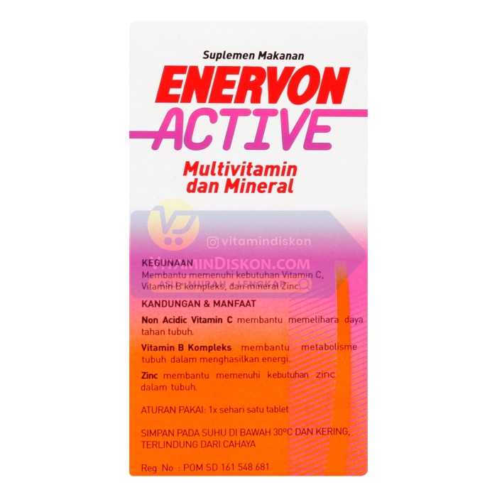 ENERVON ACTIVE MULTIVITAMIN DENGAN NON ACIDIC VITAMIN C DAN MINERAL ZINC 30'S