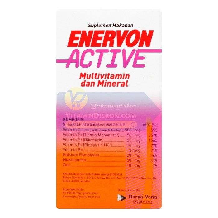 ENERVON ACTIVE MULTIVITAMIN DENGAN NON ACIDIC VITAMIN C DAN MINERAL ZINC 30'S