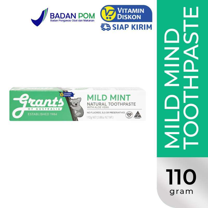 GRANTS OF AUSTRALIA MILD MINT NATURAL TOOTHPASTE FLUORIDE FREE 110G