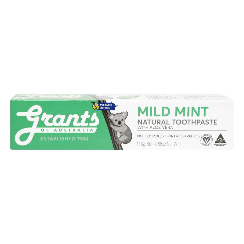 GRANTS OF AUSTRALIA MILD MINT NATURAL TOOTHPASTE FLUORIDE FREE 110G