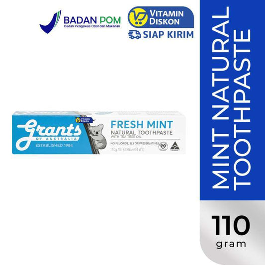GRANTS OF AUSTRALIA FRESH MINT NATURAL TOOTHPASTE FLUORIDE FREE 110G