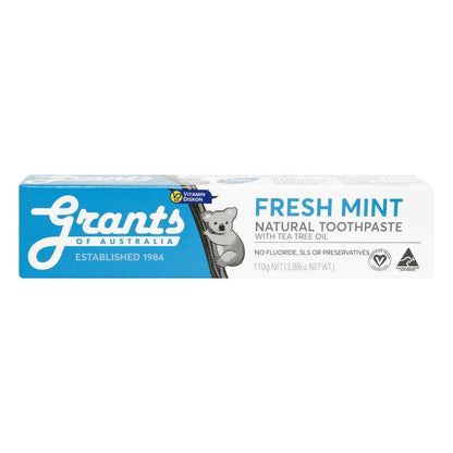 GRANTS OF AUSTRALIA FRESH MINT NATURAL TOOTHPASTE FLUORIDE FREE 110G