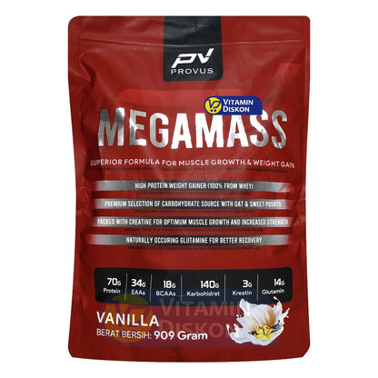 PROVUS MEGAMASS SUPERIOR FORMULA FOR MUSCLE GROWTH AND WEIGHT GAIN RASA VANILLA 909 GR