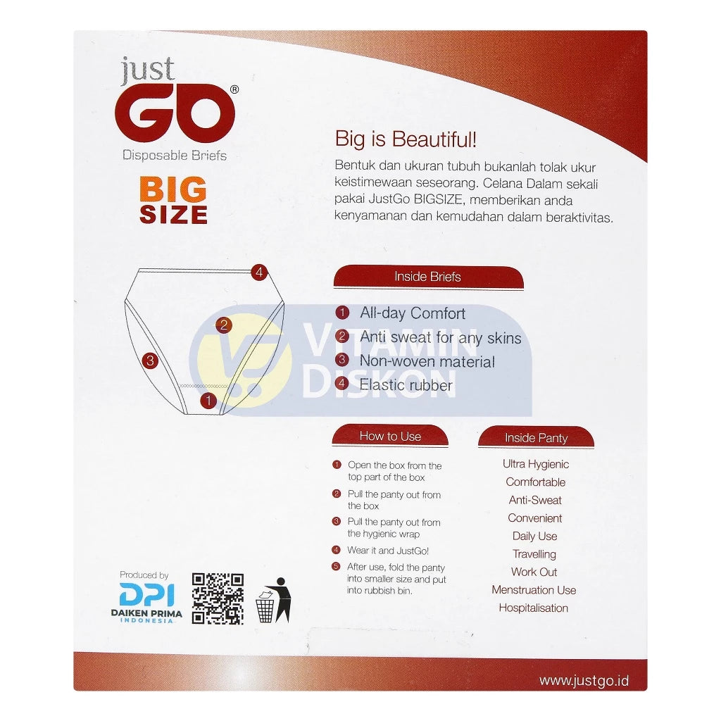 JUST GO DISPOSABLE UNDERWEAR BIG SIZE WOMAN SIZE XXL