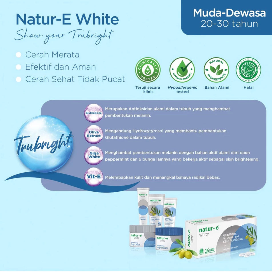 NATUR E WHITE GLUTATHIONE VITAMIN E AND OLIVE FRUIT EXTRA ISI 16 KAPSUL LUNAK