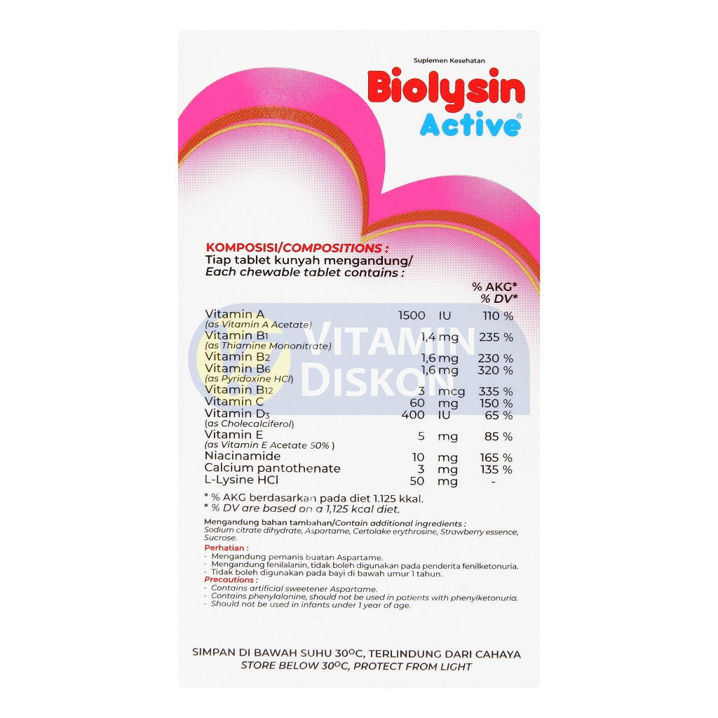 BIOLYSIN ACTIVE SUPLEMEN MAKANAN RASA STRAWBERRY - ISI 30 TABLET