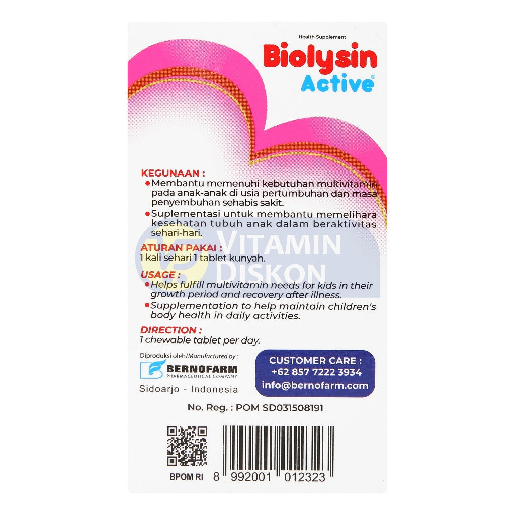 BIOLYSIN ACTIVE SUPLEMEN MAKANAN RASA STRAWBERRY - ISI 30 TABLET
