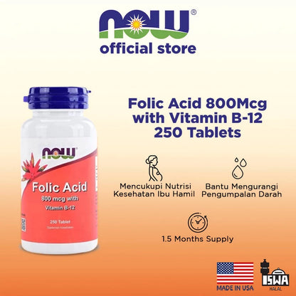 NOW VITAMIN FOLIC ACID 800 MCG WITH B12 - 250 TABLET