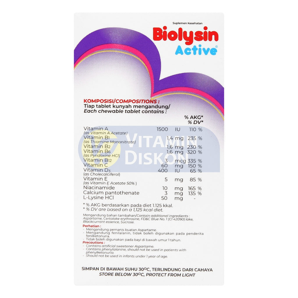 BIOLYSIN ACTIVE SUPLEMEN MAKANAN RASA BLACKCURRANT - ISI 30 TABLET