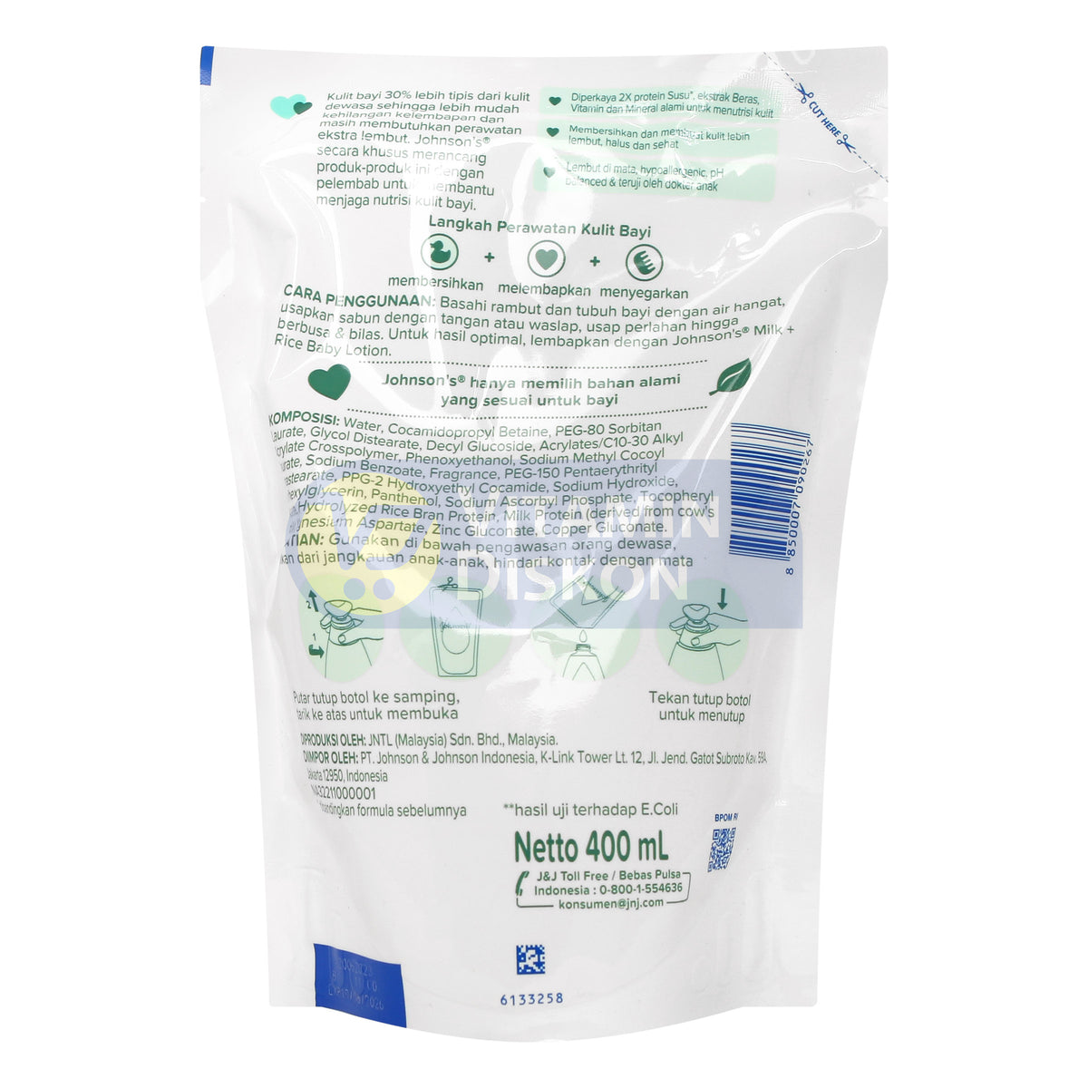 JOHNSONS MILK RICE HAIR AND BODY BABY BATH REFIL 400ML