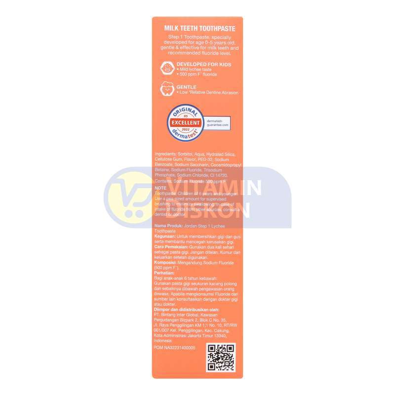 JORDAN KIDS TOOTHPASTE MILK TEETH STEP 1 (0-5 YEARS) LYCHEE 75G