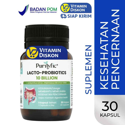 PURITYFIC LACTO-PROBIOTICS 10 BILLION 30 KAPSUL | SUPLEMEN PENCERNAAN, PROBIOTIK, MELANCARKAN PENCERNAAN, PERUT KEMBUNG, KESEHATAN USUS