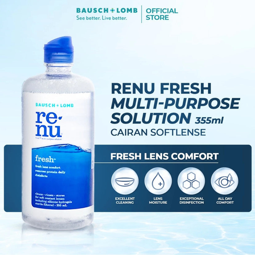 BAUSCH + LOMB RENU FRESH MPS | CAIRAN PEMBERSIH SOFTLENS, CAIRAN LENSA KONTAK, PEMBERSIH LENSA KONTAK, PEMBILAS LENSA KONTAK, AIR CUCI SOFTLENS, PERAWATAN LENSA, MELEMBABKAN LENSA