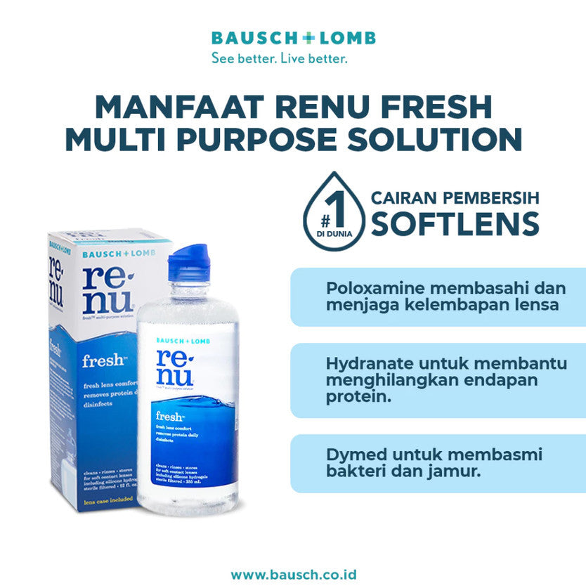 BAUSCH + LOMB RENU FRESH MPS | CAIRAN PEMBERSIH SOFTLENS, CAIRAN LENSA KONTAK, PEMBERSIH LENSA KONTAK, PEMBILAS LENSA KONTAK, AIR CUCI SOFTLENS, PERAWATAN LENSA, MELEMBABKAN LENSA