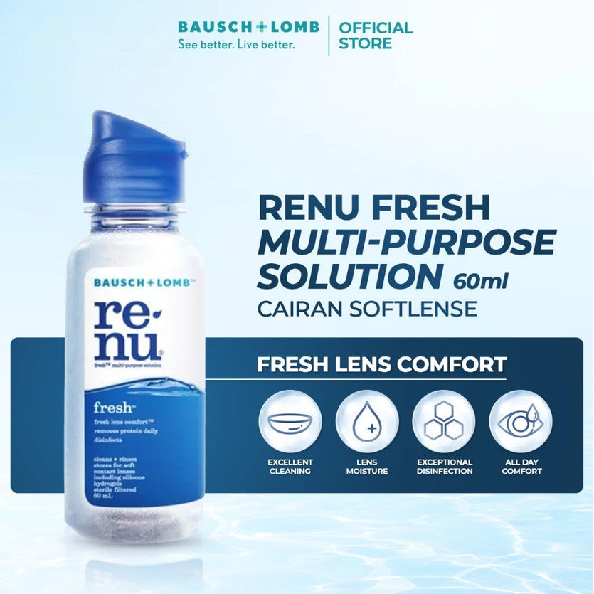 BAUSCH + LOMB RENU FRESH MPS | CAIRAN PEMBERSIH SOFTLENS, CAIRAN LENSA KONTAK, PEMBERSIH LENSA KONTAK, PEMBILAS LENSA KONTAK, AIR CUCI SOFTLENS, PERAWATAN LENSA, MELEMBABKAN LENSA
