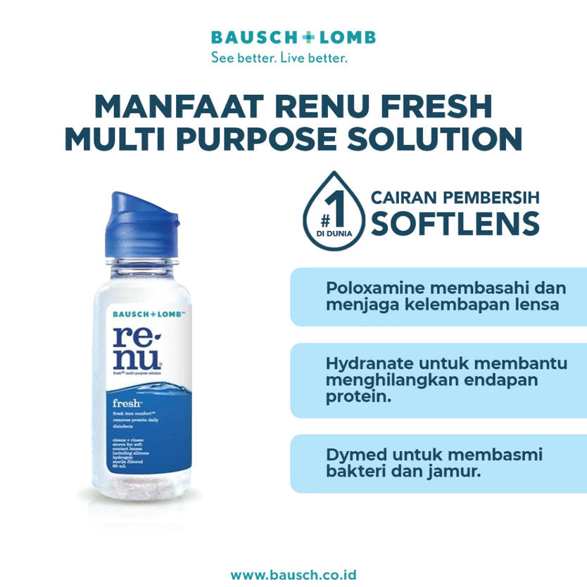 BAUSCH + LOMB RENU FRESH MPS | CAIRAN PEMBERSIH SOFTLENS, CAIRAN LENSA KONTAK, PEMBERSIH LENSA KONTAK, PEMBILAS LENSA KONTAK, AIR CUCI SOFTLENS, PERAWATAN LENSA, MELEMBABKAN LENSA