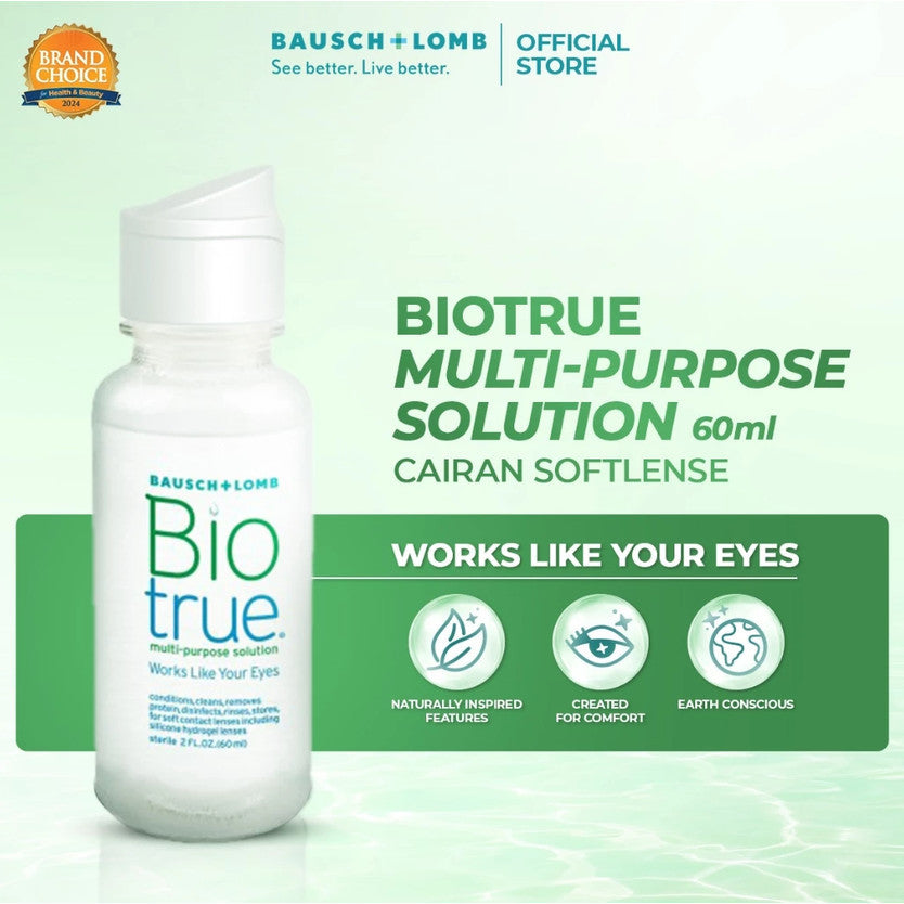 BAUSCH + LOMB BIO TRUE MPS 60 ML | CAIRAN PEMBERSIH SOFTLENS, CAIRAN LENSA KONTAK, PEMBERSIH LENSA KONTAK, PEMBILAS LENSA KONTAK, AIR CUCI SOFTLENS, PERAWATAN LENSA, MELEMBABKAN LENSA