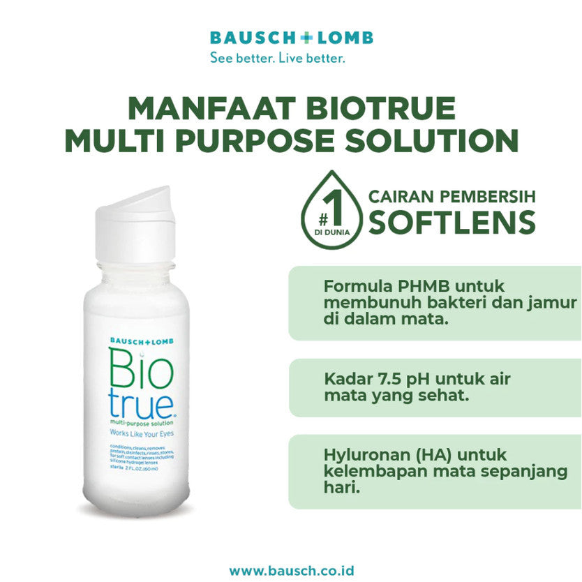 BAUSCH + LOMB BIO TRUE MPS 60 ML | CAIRAN PEMBERSIH SOFTLENS, CAIRAN LENSA KONTAK, PEMBERSIH LENSA KONTAK, PEMBILAS LENSA KONTAK, AIR CUCI SOFTLENS, PERAWATAN LENSA, MELEMBABKAN LENSA