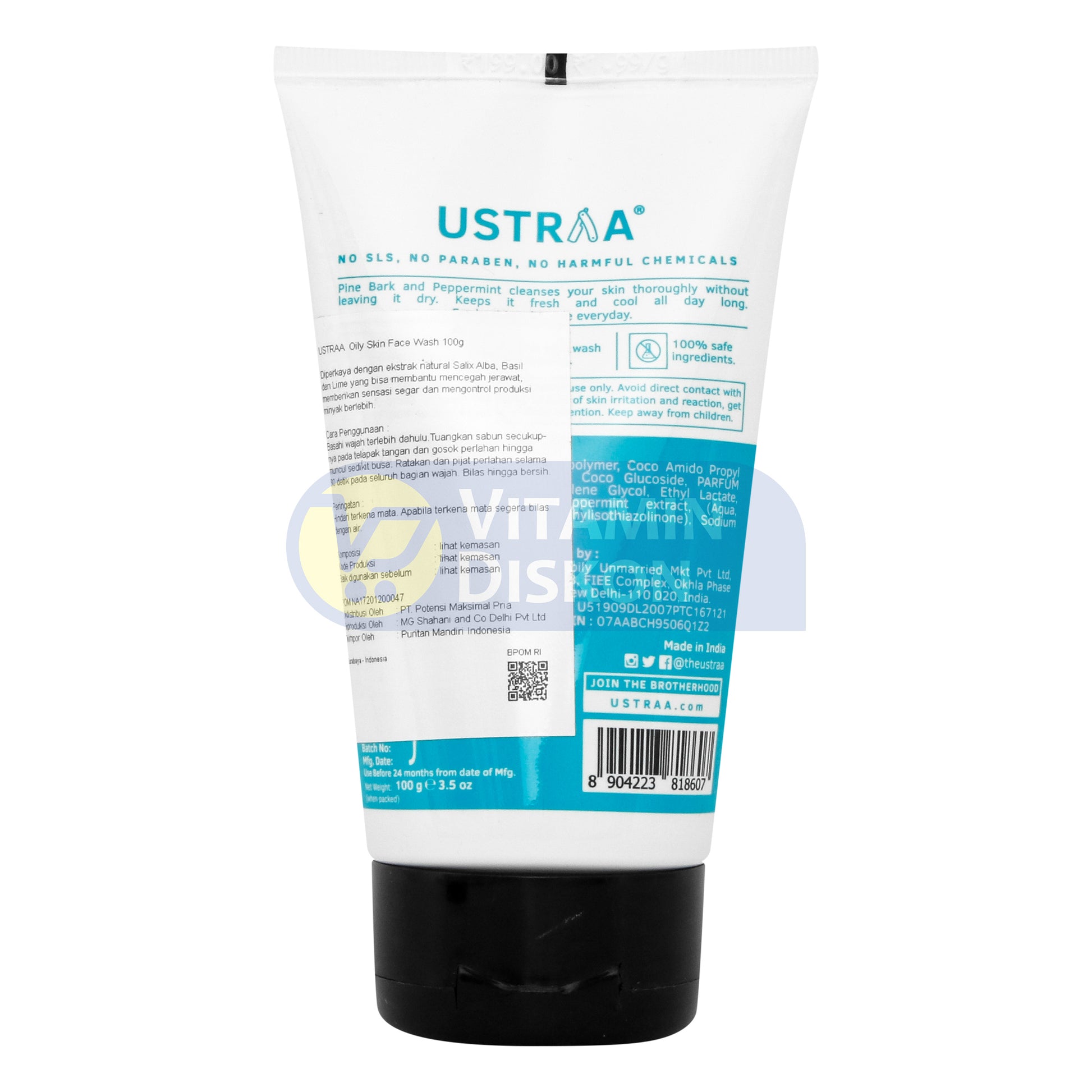 USTRAA FACE WASH MINT COOL WITH BADASS CLEANSING FOR DRY TO NORMAL SKIN - 100 GR