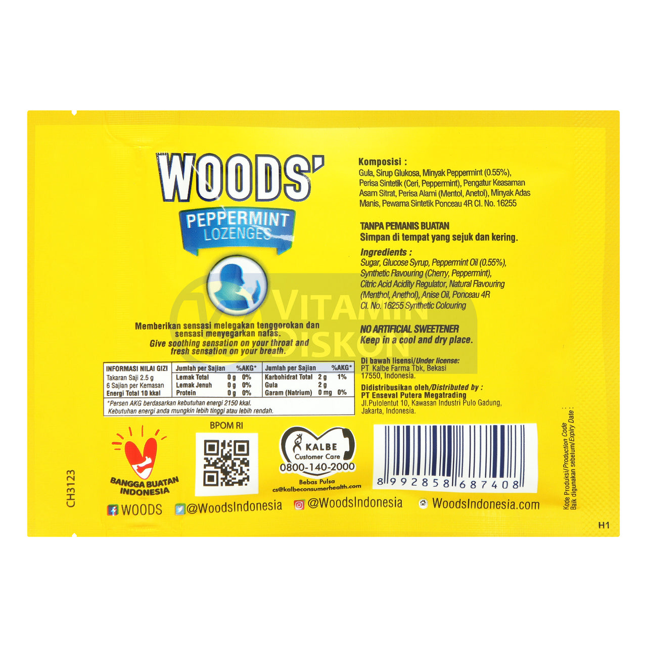 WOODS PEPPERMINT LOZENGES RASA CHERRY ISI 6 PCS