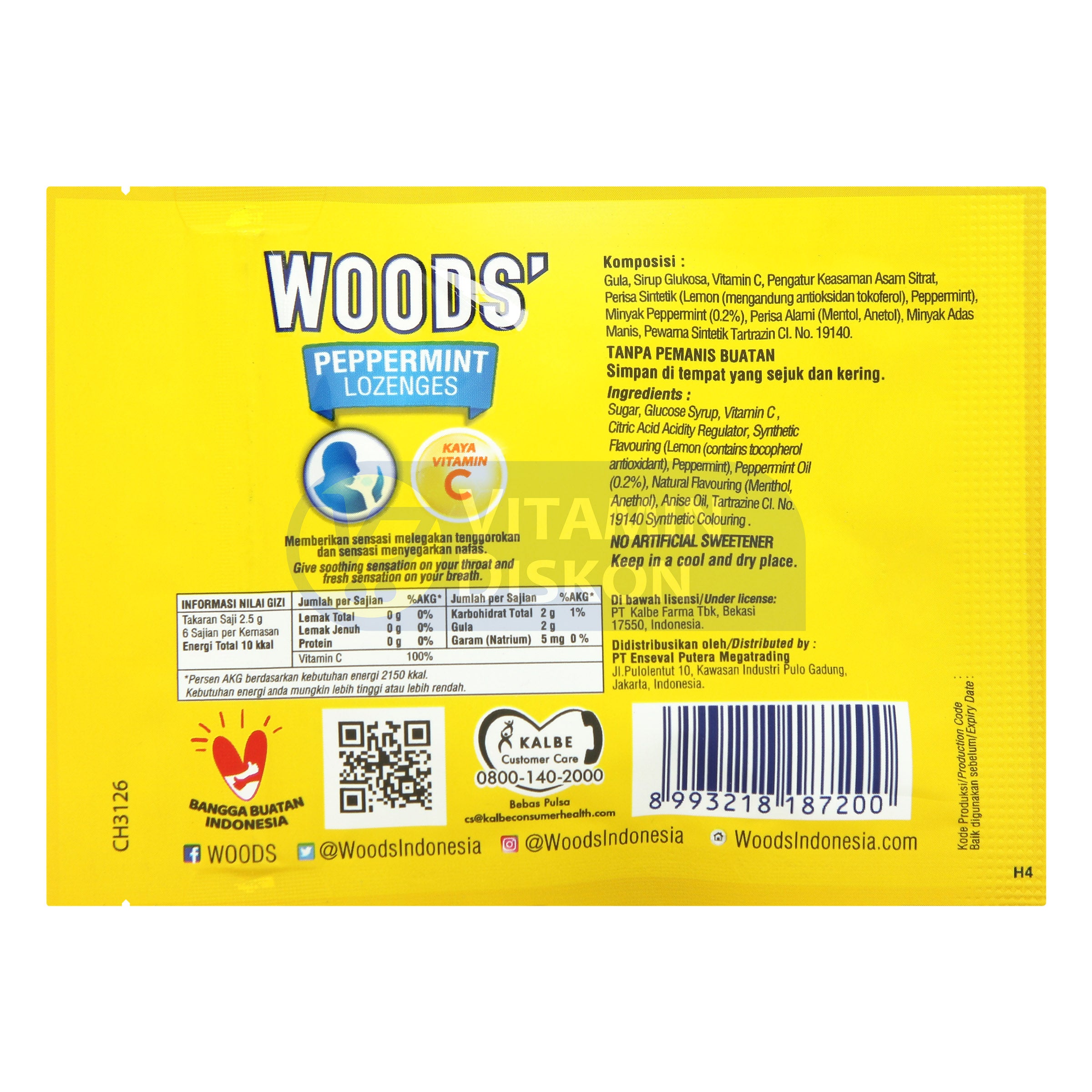 WOODS PEPPERMINT LOZENGES RASA LEMON ISI 6 PCS